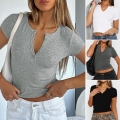 Women's Sexy V-Neck Henley Ribbed Knit Short Sleeve T-Shirt Slim Fit Viscose Elastane Basic Top For Summer Daily Wear Y2K Style Soft Breathable Tee