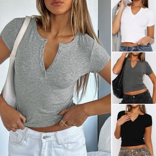 Women's Sexy V-Neck Henley Ribbed Knit Short Sleeve T-Shirt Slim Fit Viscose Elastane Basic Top For Summer Daily Wear Y2K Style Soft Breathable Tee
