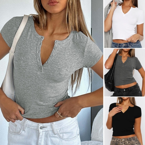 Women's Sexy V-Neck Henley Ribbed Knit Short Sleeve T-Shirt Slim Fit Viscose Elastane Basic Top For Summer Daily Wear Y2K Style Soft Breathable Tee