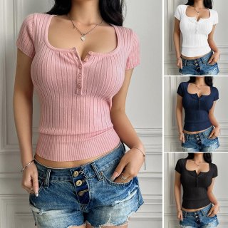 Women's Sexy Y2K Ribbed Knit Short Sleeve T-Shirt Square U Neck Button Front Slim Fit Core-Spun Yarn Solid Color Casual Summer Tee Top