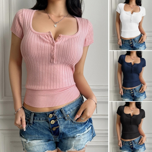Women's Sexy Y2K Ribbed Knit Short Sleeve T-Shirt Square U Neck Button Front Slim Fit Core-Spun Yarn Solid Color Casual Summer Tee Top