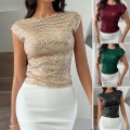 Women's Sexy Backless Sequin T-Shirt Shiny Short Sleeve Round Neck Slim Fit Party Clubwear Top Elegant Evening Blouse