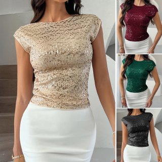 Women's Sexy Backless Sequin T-Shirt Shiny Short Sleeve Round Neck Slim Fit Party Clubwear Top Elegant Evening Blouse