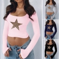 Women's Y2K Sexy Square Neck Long Sleeve Crop Top T-Shirt With Leopard Star Pattern Viscose Elastane Slim Fit Leisure Spring Summer Top