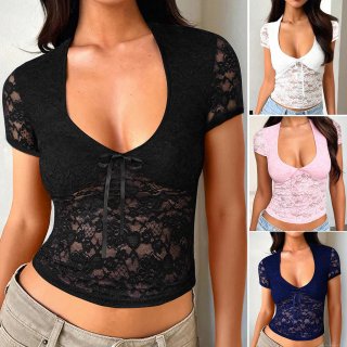 Women's Sexy Deep V Neck Lace Top Slim Fit Short Sleeve Hollow Out Sheer Mesh T-Shirt With Bow Tie Y2K Style For Party Club Night Out