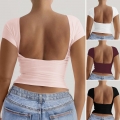 Women's Sexy Backless T-Shirt Knitted Viscose Elastane Slim Fit Round Neck Short Sleeve Y2K Style Solid Color Summer Clubwear Top