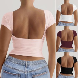 Women's Sexy Backless T-Shirt Knitted Viscose Elastane Slim Fit Round Neck Short Sleeve Y2K Style Solid Color Summer Clubwear Top