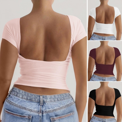 Women's Sexy Backless T-Shirt Knitted Viscose Elastane Slim Fit Round Neck Short Sleeve Y2K Style Solid Color Summer Clubwear Top