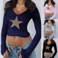 Women's Sexy V Neck Long Sleeve T-Shirt Y2K Slim Fit Leopard Print Star Patchwork Crop Top Ribbed Knit Pullover Tee