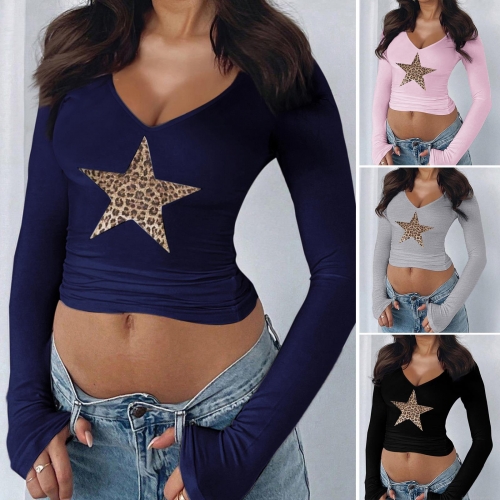 Women's Sexy V Neck Long Sleeve T-Shirt Y2K Slim Fit Leopard Print Star Patchwork Crop Top Ribbed Knit Pullover Tee