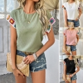 Women's Casual Bohemian Short Sleeve T-Shirt 100% Polyester Blouse Round Neck Swiss Dot Texture Colorful Crochet Trim Summer Resort Tops For Women