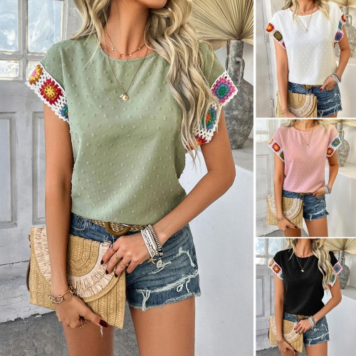 Women's Casual Bohemian Short Sleeve T-Shirt 100% Polyester Blouse Round Neck Swiss Dot Texture Colorful Crochet Trim Summer Resort Tops For Women