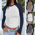 Women's Y2K Sexy Slim Fit Raglan Long Sleeve T-Shirt Round Neck Contrast Color Viscose Elastane Top for Daily Streetwear Fashion