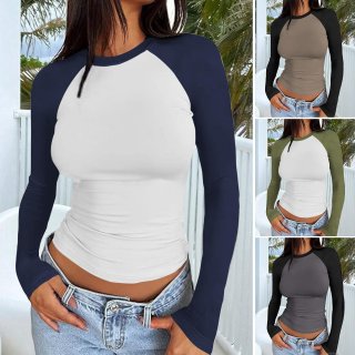 Women's Y2K Sexy Slim Fit Raglan Long Sleeve T-Shirt Round Neck Contrast Color Viscose Elastane Top for Daily Streetwear Fashion
