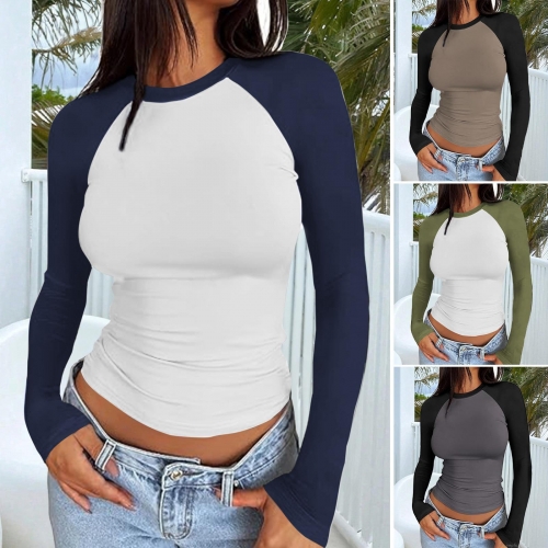 Women's Y2K Sexy Slim Fit Raglan Long Sleeve T-Shirt Round Neck Contrast Color Viscose Elastane Top for Daily Streetwear Fashion
