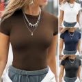 Women's Slim Fit Ribbed Knitted Short Sleeve T-Shirt Casual Round Neck Solid Color Basic Summer Top Streetwear