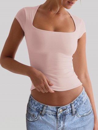 Women's Square Neck Short Sleeve T-Shirt High Elastic Polyester Elastane Slim Fit Yoga Sports Gym Workout Top Sexy Knitted Leisure Tee Summer Activewear