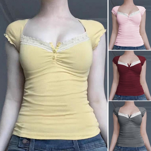 Women Sexy Y2K Slim Fit Rib Knit T-Shirt Lace Trim U-Neck Button Short Sleeve Top 93 Polyamide 7 Elastane Summer Casual Streetwear Blouse For Ladies Girls