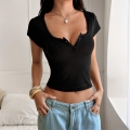 Women Y2K Sexy Slim Fit Short Sleeve T-Shirt Ribbed Knit Lace Trim V-Neck Button Front Top Summer Streetwear Solid Color Tee Fashion Women Top