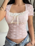Women Sexy Y2K Floral Lace T-Shirt Short Sleeve Square Neck Crop Top With Bow Knot Detail Slim Fit Vintage Streetwear Tee For Summer Party