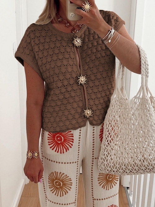 Women's Crochet Hollow Out T-Shirt Viscose Polyamide Blend Short Sleeve Cardigan With Gold Sun Buttons Boho Vacation Knit Top For Women