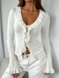 Women's Sexy Y2K Ribbed Knit Top Ruffle Trim Tie Front V-Neck Long Bell Sleeve T-Shirt Viscose Blend Slim Fit Casual Streetwear Fall Winter Top