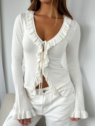 Women's Sexy Y2K Ribbed Knit Top Ruffle Trim Tie Front V-Neck Long Bell Sleeve T-Shirt Viscose Blend Slim Fit Casual Streetwear Fall Winter Top