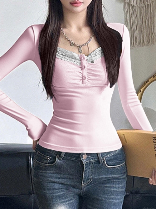 Women's Sexy Y2K Long Sleeve Ribbed Knit T-Shirt Slim Fit Viscose Elastane Lace Patchwork Top With Buttons For Daily Party Clubwear Autumn Winter