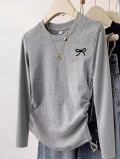 Women's Long Sleeve T-Shirt Grey Polyester Spandex Knit Top With Bow Embroidery Ruched Side Slim Fit Round Neck Casual Tee For Women Daily Wear