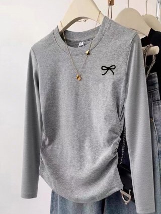 Women's Long Sleeve T-Shirt Grey Polyester Spandex Knit Top With Bow Embroidery Ruched Side Slim Fit Round Neck Casual Tee For Women Daily Wear