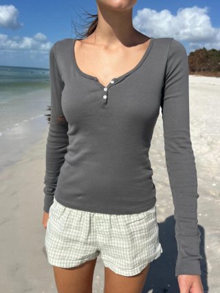 Women's Henley Neck Long Sleeve T-Shirt Ribbed Knit Viscose Spandex Slim Fit Button Front Solid Color Casual Basic Base Layer Top Autumn Winter