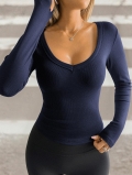 Women Slim Fit Ribbed Knit Top V-Neck Long Sleeve Casual T-Shirt Solid Color Viscose Spandex Elastic Basic Tee Soft Breathable Undershirt