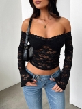 Women's Y2K Sexy Lace Off-Shoulder Long Sleeve T-Shirt 90% Polyamide 10% Elastane Slim Fit Crop Top For Party Clubwear Dating