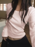 Women Polka Dot Long Sleeve T-Shirt Round Neck Polyester Elastane Blend Ribbed Knit Slim Fit Casual Daily Travel Vacation Tops