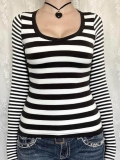 Women's Casual Horizontal Striped Long Sleeve T-Shirt U-Neck Slim Fit Polyester Spandex Knitted Pullover Top For Spring Autumn Daily Wear
