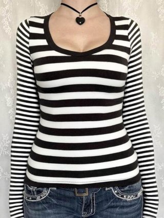 Women's Casual Horizontal Striped Long Sleeve T-Shirt U-Neck Slim Fit Polyester Spandex Knitted Pullover Top For Spring Autumn Daily Wear