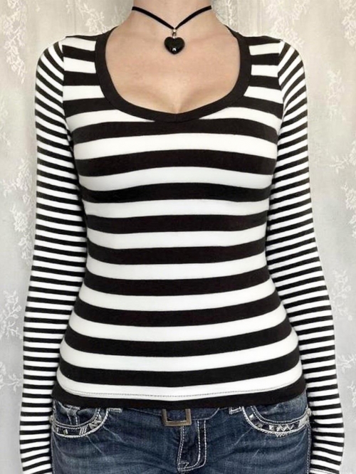 Women's Casual Horizontal Striped Long Sleeve T-Shirt U-Neck Slim Fit Polyester Spandex Knitted Pullover Top For Spring Autumn Daily Wear