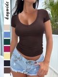 Women's Sexy Tight Short Sleeve T-Shirt 92% Viscose 8% Elastane Solid Color Round V Neck Slim Fit Crop Top Summer Vacation Casual Tee