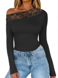 Women's Sexy One Shoulder Mesh Patchwork Long Sleeve T-Shirt Slim Fit Perspective Sheer Top Streetwear Club Party Blouse Polyester Spandex
