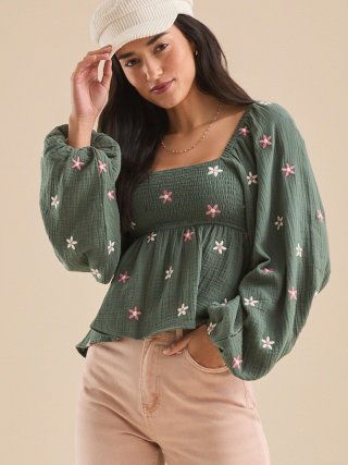 Women Square Neck Long Lantern Sleeve Floral Embroidery Top Loose Casual Polyester Blouse Autumn Fashion Pullover Streetwear Blouse
