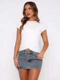 Women's Slim Fit Short Sleeve T-Shirt Cross Wrap Ruched Front Polyester Spandex Crew Neck Summer Solid Color Casual Tee Top For Women