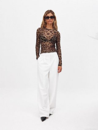 Women Sexy Leopard Print Mesh T-Shirt Long Sleeve See Through Slim Fit Crop Top For Party Clubwear Streetwear Fashion Blouse