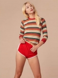 Women's Retro Rainbow Striped Long Sleeve T-Shirt Slim Fit Round Neck Contrast Collar Polyester Blend Crop Top Casual Streetwear Fall Clothing For Women