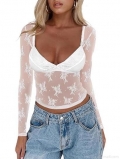 Women's Sexy Lace Mesh Long Sleeve Top V Neck Floral See Through Slim Fit Pullover Blouse Base Layer Streetwear Clubwear Party Clothing For Women