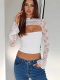 Women's Sexy Lace Patchwork Two Piece Top Long Sleeve Flare Sleeve Hollow Out Slim Fit Backless Blouse Shirt Clubwear Y2K Streetwear