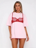 Women's Oversize Short Sleeve T-Shirt Creative Lace Bikini Bra Print Polyester Casual Round Neck Loose Top For Summer Streetwear