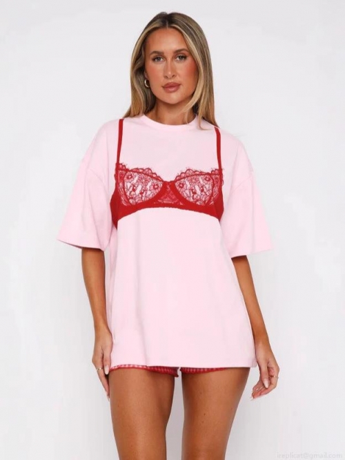 Women's Oversize Short Sleeve T-Shirt Creative Lace Bikini Bra Print Polyester Casual Round Neck Loose Top For Summer Streetwear