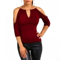 Women's Sexy Cold Shoulder T-Shirt With Gold Chain Straps Polyester Spandex V-Neck Keyhole 3/4 Sleeve Slim Fit Top For Summer Party Daily Wear