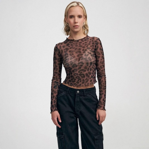 Women's Sexy Mesh Long Sleeve T-Shirt Leopard Heart Camouflage Print See-Through Slim Fit Round Neck Top With Lettuce Trim For Party Clubwear