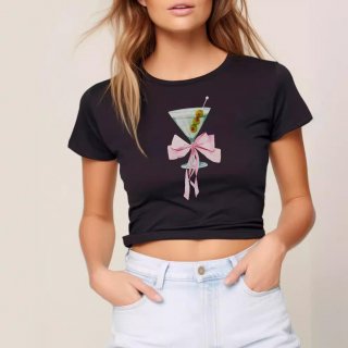 Women's Martini Glass Bow Graphic Print Crop Top T-Shirt Polyester Spandex Blend Round Neck Short Sleeve Summer Casual Y2K Streetwear Tee
